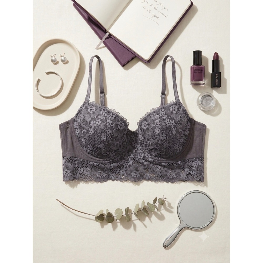 Adore Me Grey Floral Lace Longline Underwire Bra 38D Padded Mesh Trim